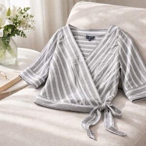 Lucky Brand Gray & White Striped Wrap Top Size S Boho Casual Tie Waist